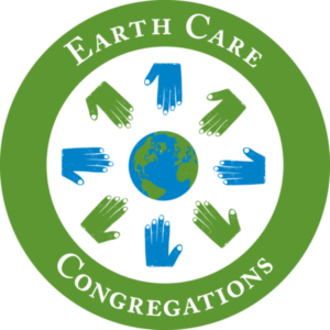 The logo for Earth Care Congregations: A blue and green globe is at the center, with blue and green hands surrounding it. The words "Earth Care Congregations" encircle it.