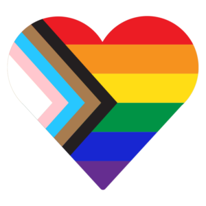 A heart shape with the colors of the LGBTQIA+ progress flag (white, pink, light blue, brown, black, red, orange, yellow, green, blue purple)