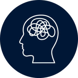 A navy blue button with the outline of an individual's profile. A scribble represents the brain