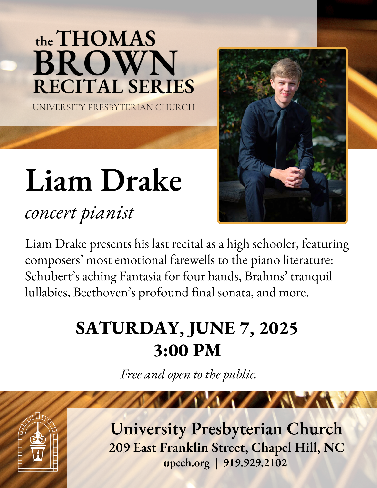Thomas Brown Recital Series: Solomon Eichner, concert pianist Sat., Aug. 26 at 4 pm in the Sanctuary Prizewinner of the Liszt-Garrison International Competition and the Washington International Young Artists Competition, acclaimed concert artist Solomon Eichner will present a solo recital celebrating the 150th birthday of Sergei Rachmaninoff. Free and open to the public.